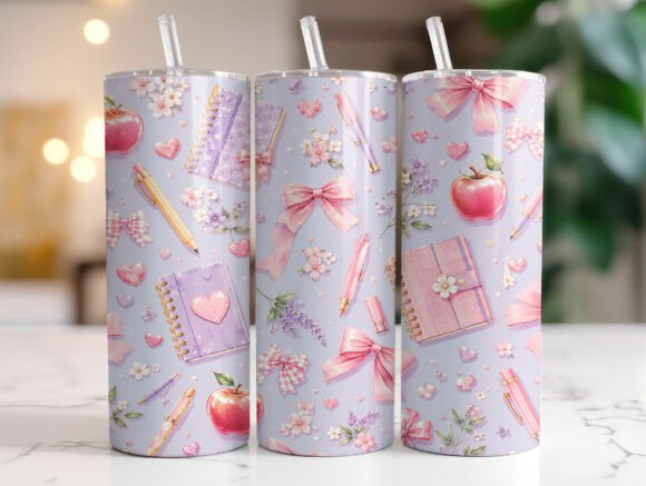 Pink Bows and Pencil Teacher Tumbler PNG